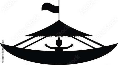 Silhouette of a person in a boat with a canopy and a flag against a white background in simple design
