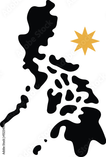A black silhouette of the philippines with a gold star on a white background illustration