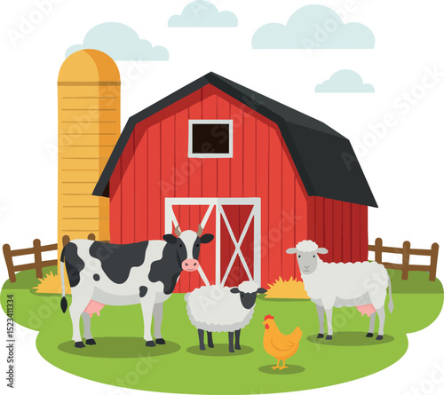 Red Barn Farm Animals Cow Sheep Chicken Silo Rural Landscape Vector Illustration 