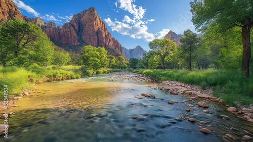Zion National Park's Virgin River Flowing through Majestic Canyon Landscape