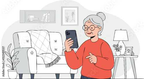 Elderly woman using smartphone at home in cozy living room vector illustration 