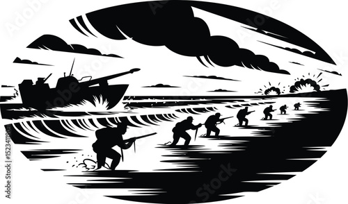 Black and white illustration of soldiers landing on a beach with a tank in the background waves and explosions