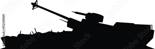 Silhouette of a military vehicle with a long barrel and a turret on a plain white background view