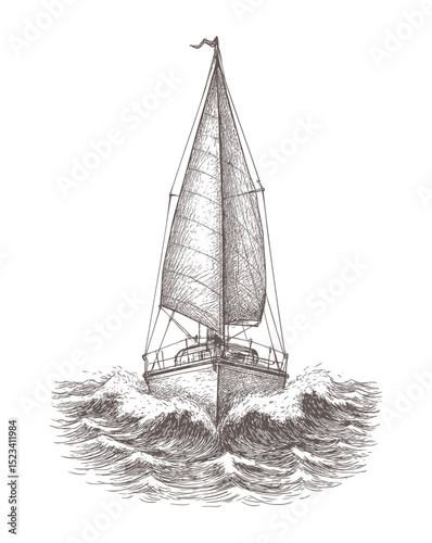 Detailed nautical sketch of a classic sailing yacht with textured sails
