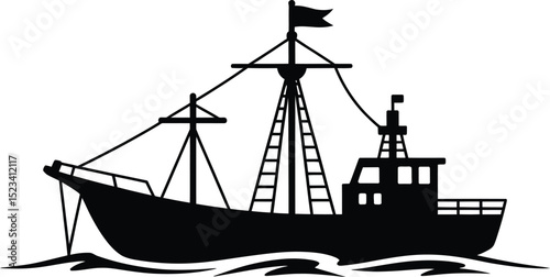 A silhouette of a fishing boat with a flag sailing on water against a white background design vector