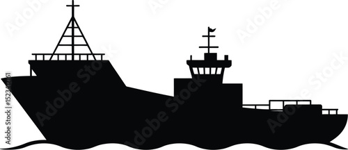 Silhouette of a cargo ship with a cross on top sailing on water against a white background view from side