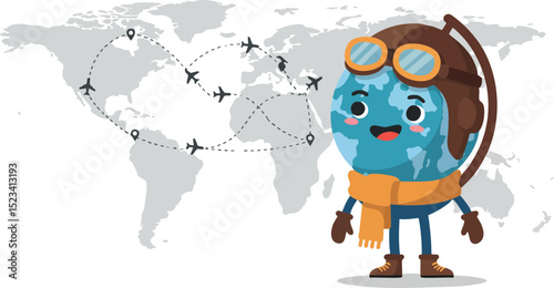 Cartoon globe character with aviator goggles and scarf showing world travel routes vector illustration 