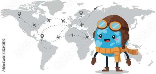 Cute blue globe character with aviator hat and scarf on world map travel concept 