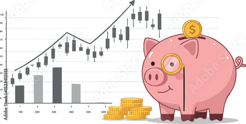 Piggy Bank with Coins and Increasing Financial Chart Vector Illustration 