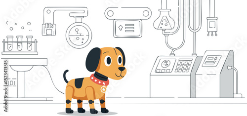 Cartoon dog in science laboratory with equipment and test tubes vector illustration 