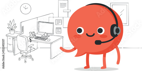 Cute orange customer support mascot with headset in office environment vector illustration 