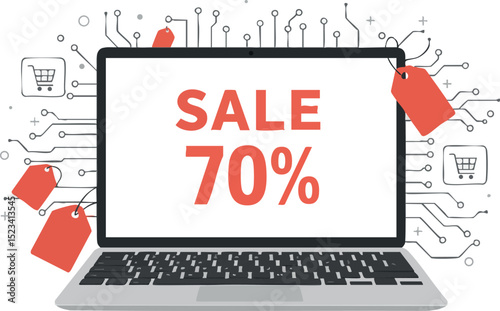 Laptop computer digital sale discount 70 percent technology concept vector illustration 