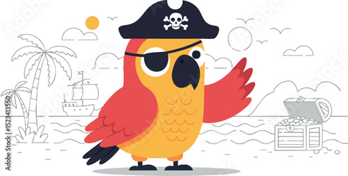 Pirate parrot cartoon character with hat and eyepatch on tropical island vector illustration 