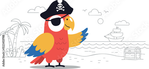 Pirate parrot colorful tropical bird with eye patch and hat vector illustration 
