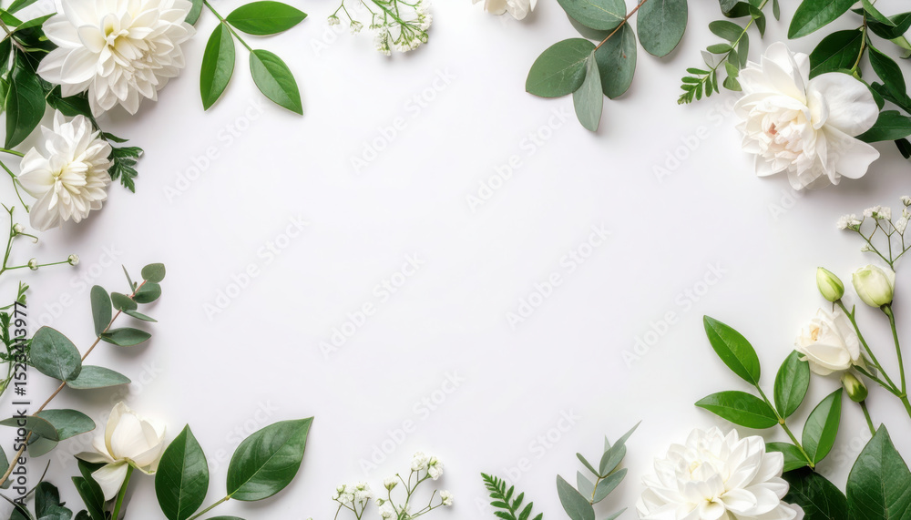 Fototapeta premium White flower green leaf minimalist background border floral arrangement nature fresh botanical elegant soft