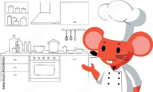 Cartoon red mouse chef character in white kitchen cooking illustration vector 
