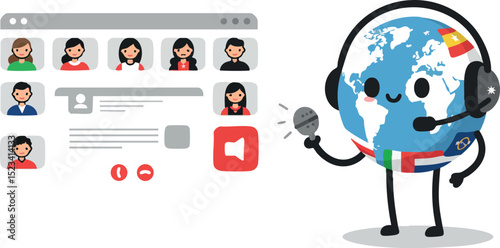 Globe Customer Support Agent with Headset and Video Call Interface Vector Illustration 