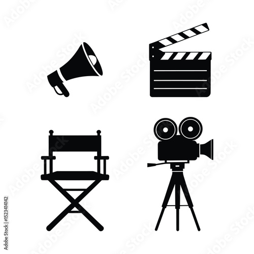 Film Industry Vector Illustration Set – Director Chair, Clapperboard, Camera, Megaphone Silhouette for Movie Production and Media Design