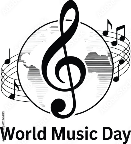 A graphic of world music day featuring a treble clef and music notes around a globe illustration
