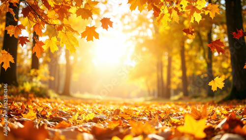 Golden autumn forest with falling leaves, sunlight streaming through trees, warm and peaceful atmosphere, space for text in glowing sky above vibrant foliage