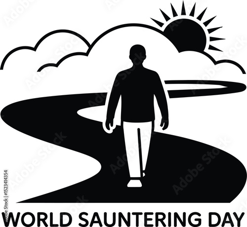 Black and white illustration of a person walking on a path under the sun with clouds above them