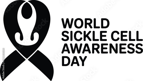 A symbolic black ribbon for world sickle cell awareness day on a white background with bold text next to it