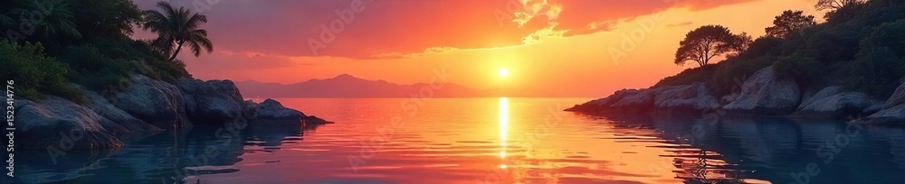 Fototapeta premium Serene summer cove at sunset, tranquil waters reflecting the fiery sky Perfect for travel, vacation, and nature-themed projects Ideal for illustrating peace and relaxation , peaceful, ray, sand
