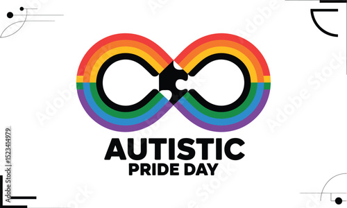 Autistic pride day graphic with rainbow infinity symbol and puzzle piece connection on a white background