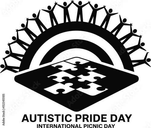A black and white graphic showing autistic pride day international picnic day with puzzle pieces and figures