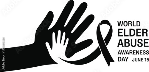 A black and white illustration for world elder abuse awareness day on june 15 with hands and ribbon