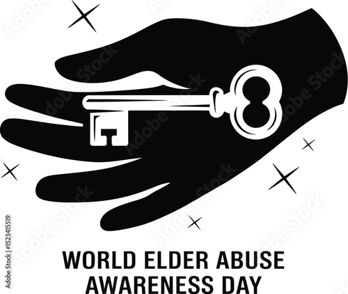 A hand holding a key for world elder abuse awareness day in black and white vector illustration