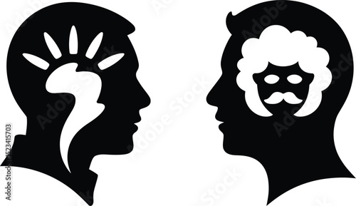 Two head silhouettes facing each other with different thought patterns in black and white design