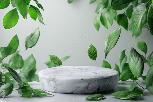 Leafy Green Marble Platform. Eco-Friendly Indoor Design for Elegant Product Presentation