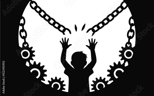 Silhouette of a child reaching for broken chains surrounded by gears in a black and white graphic