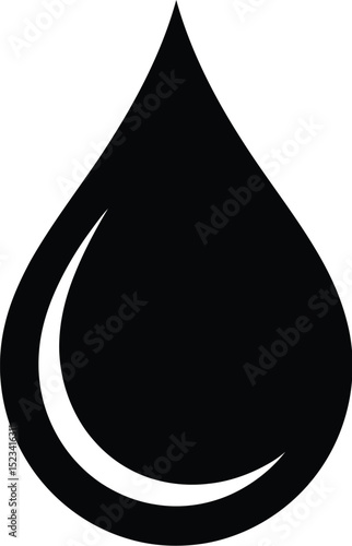 A stylized black droplet with a crescent highlight on a light gray background in a simple design