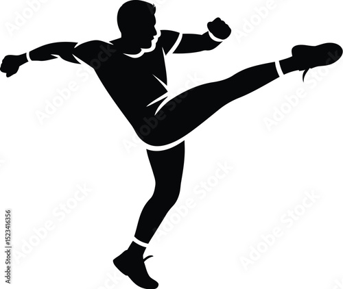 Silhouette of a man in a kicking pose with arm extended on a white background in vector style