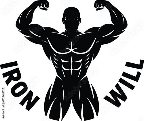 A muscular silhouette flexing with iron will text on a white background in a graphic design style
