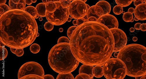 Microscopic orange spheres floating against a stark black backdrop, revealing intricate internal structures.