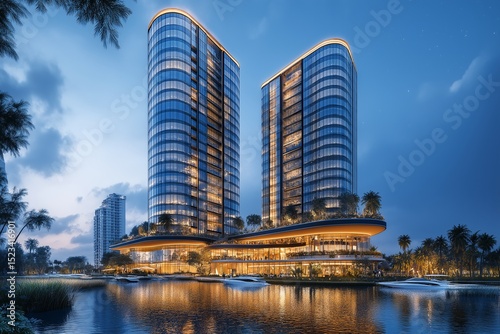 Modern Waterfront Skyline. Illuminated Urban Landscape with Contemporary Design and High-Rise Apartments