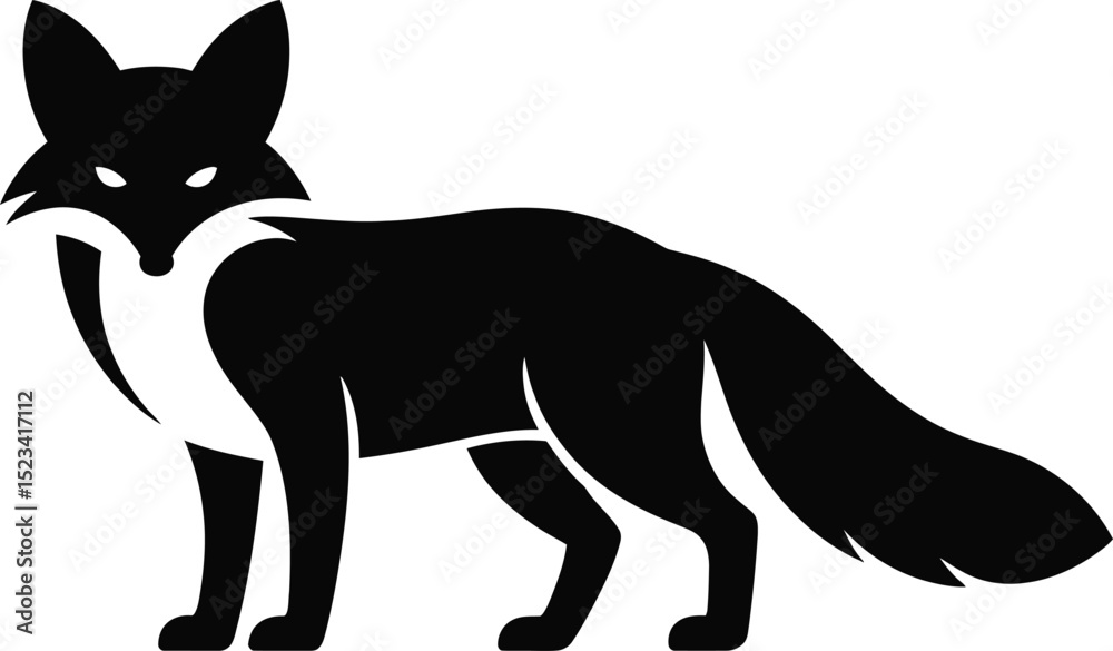 Fototapeta premium A stylized black fox with white markings standing on a white background in a simple graphic design