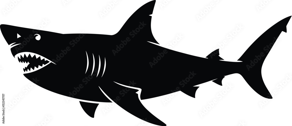Fototapeta premium A black silhouette of a shark with its mouth open showing sharp teeth on a white background image view