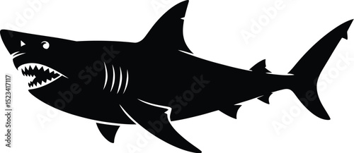 A black silhouette of a shark with its mouth open showing sharp teeth on a white background image view