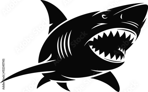 A graphic illustration of a shark with its mouth open showing sharp teeth in black and white style