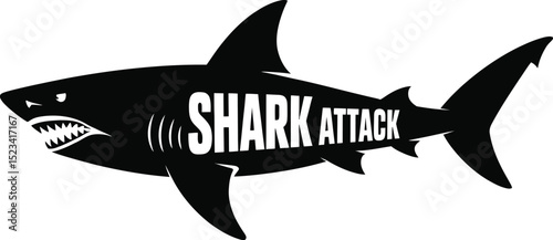A black silhouette of a shark with the words shark attack written in white on its body design vector