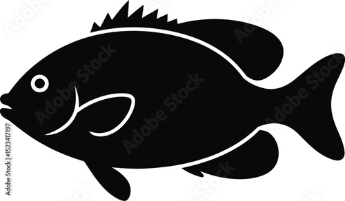 Silhouette illustration of a fish with fins and a tail on a white background in a simple and clean style