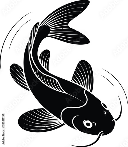 A black and white illustration of a koi fish swimming with curved lines around it on a light background