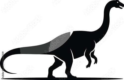 A black silhouette of a sauropod dinosaur with a long neck and tail on a light gray background