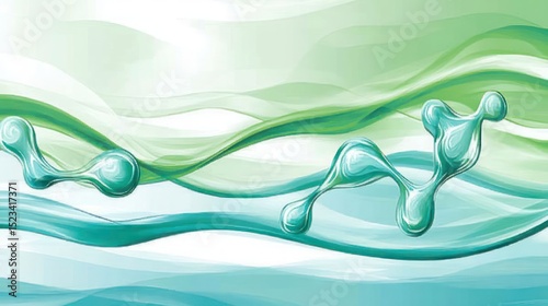 Abstract illustration of flowing, teal-green liquids with connected molecules.  Soft, smooth curves create a sense of movement and fluidity, showcasing the interplay of matter and motion