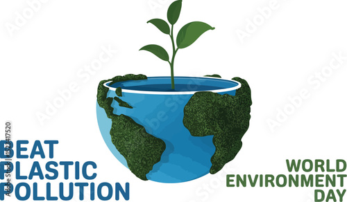 A graphic showing a blue earth with green continents and a plant growing out of it for environment day
