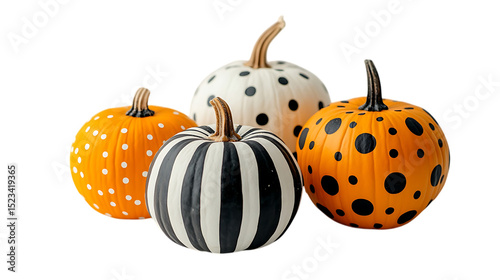 Decorative painted pumpkins in a group on black background on transparent background